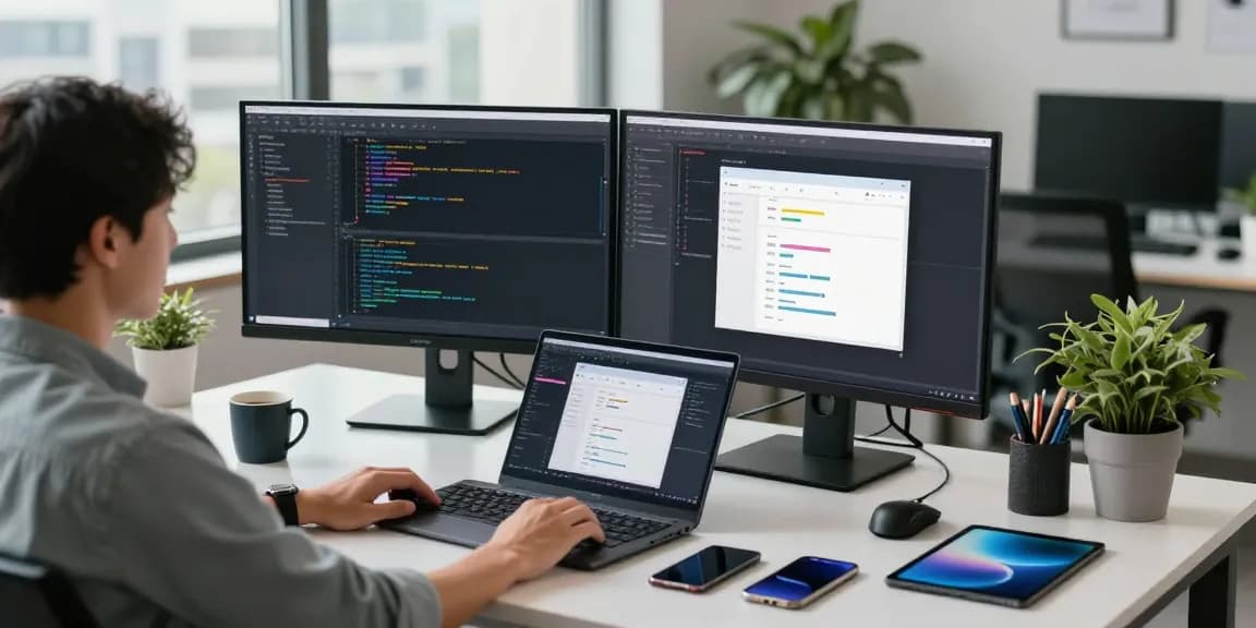 Tech workspace with a developer coding and using design software while preparing for WhatsApp下載.