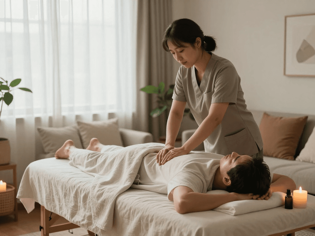 Professional home massage session showcasing 성남출장안마 in a serene setting with calming decor and natural light.
