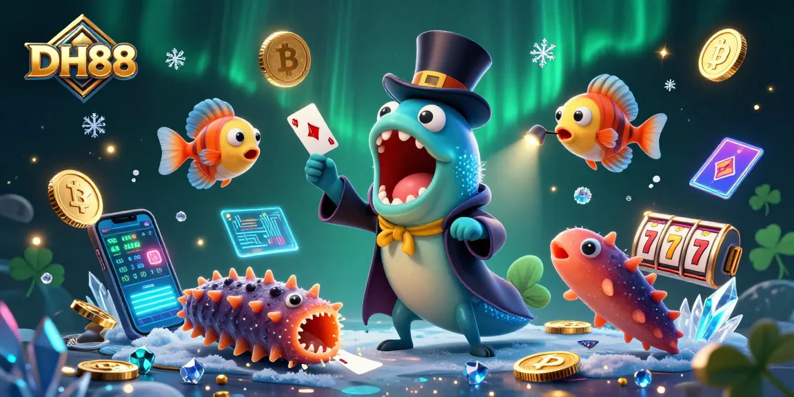 Experience the magic of DH88 with a bioluminescent eel performing card tricks surrounded by vibrant gaming elements.