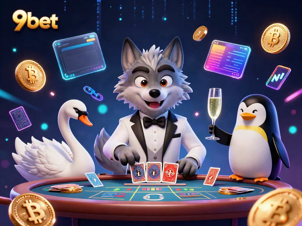 Engage in thrilling baccarat at 9bet's Live Casino, featuring a debonair wolf dealer.
