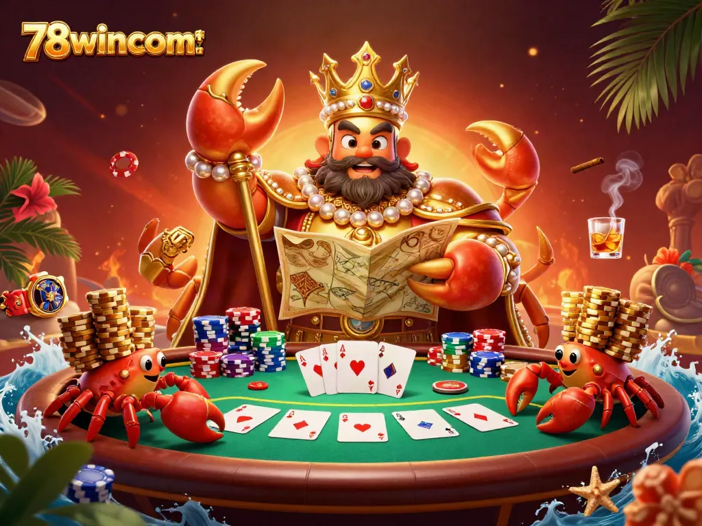 Experience the thrill of online gaming at 78wincom net with an illustrated casino scene featuring a golden crab emperor.