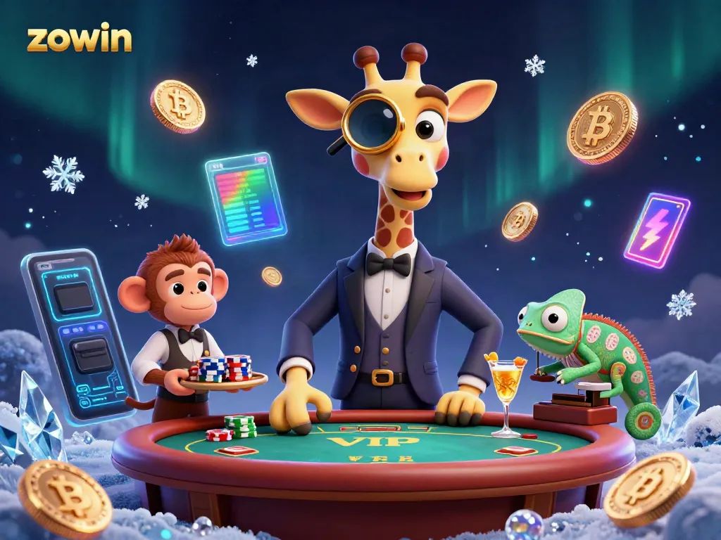 Zowin presents a vibrant casino scene featuring a giraffe, monkey, and chameleon engaged in high-stakes gaming.