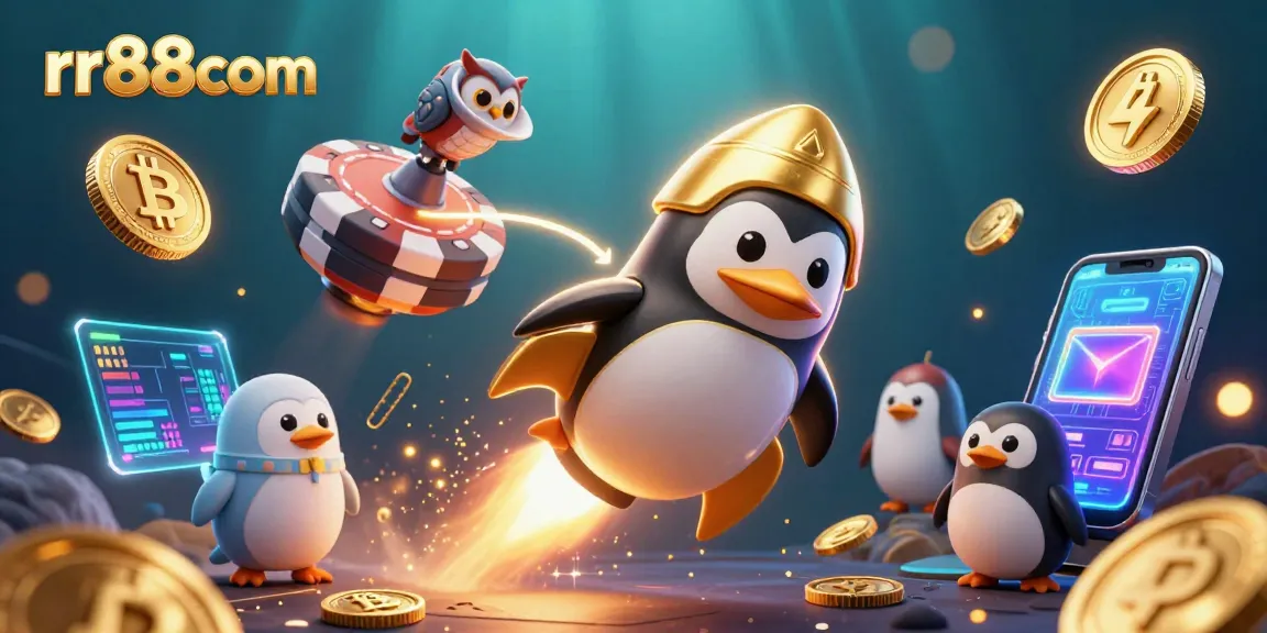 Engage with rr88com's thrilling experience as golden coins swirl around a penguin heading to a poker chip casino.