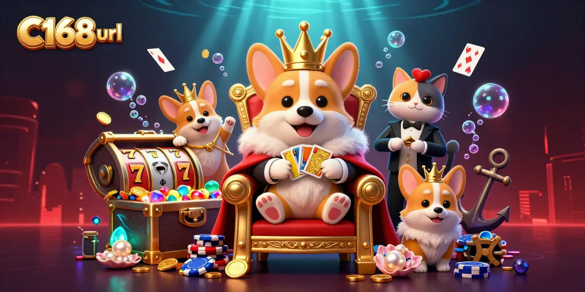 Engage in thrilling gameplay at C168 url with our 3D cartoon scene featuring royal corgi and casino elements.