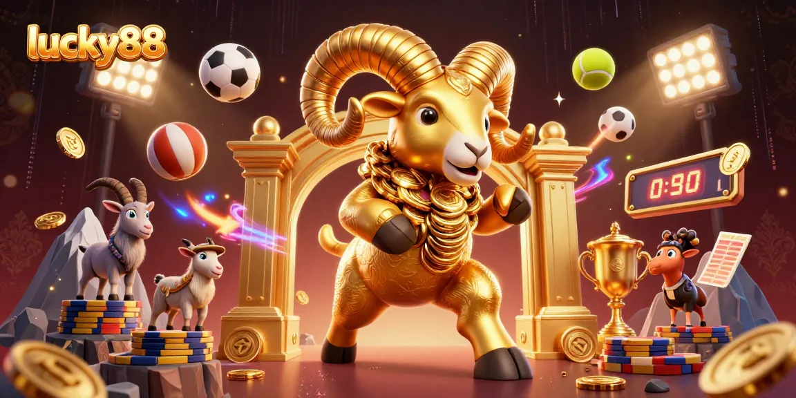 Experience the thrill of lucky88 with a vibrant 3D illustration of a golden ram charging through a casino-themed scene.