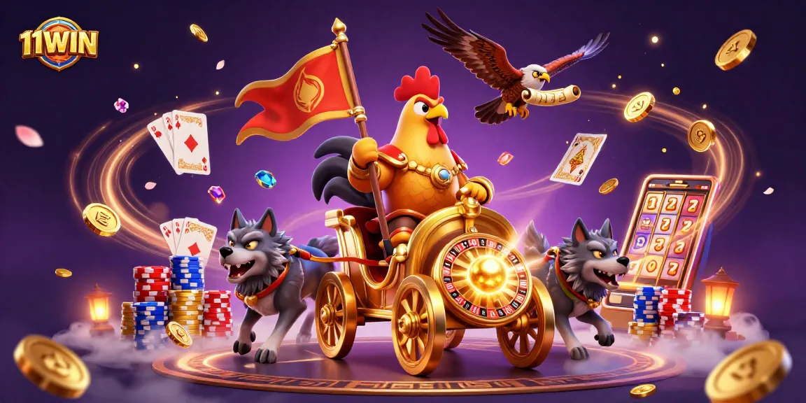 Experience thrilling action at 11WIN with a rooster warlord leading on a golden chariot amidst casino elements.