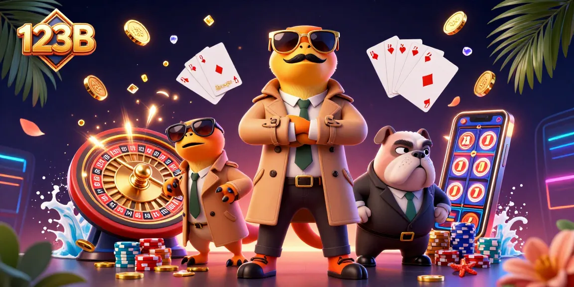Win big at 123B with vibrant casino elements featuring raptors and gem stones.