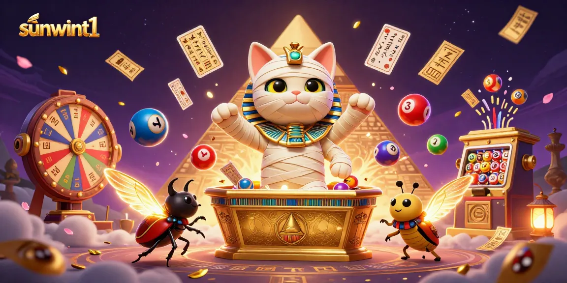 Experience the thrill of sunwint1 with a vibrant scene featuring an Egyptian mummy cat and casino elements.