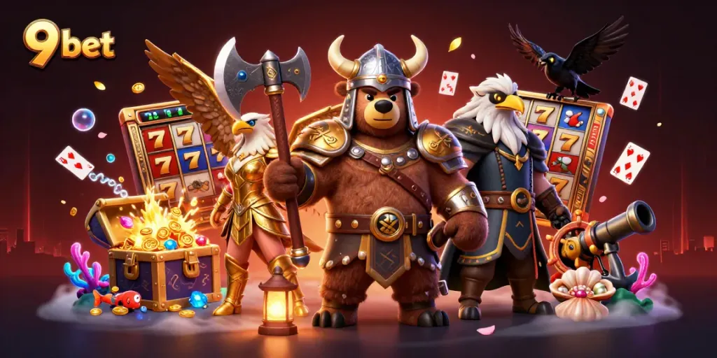 9 bet slot experience with Viking bear and eagle in vibrant 3D action-packed scene.