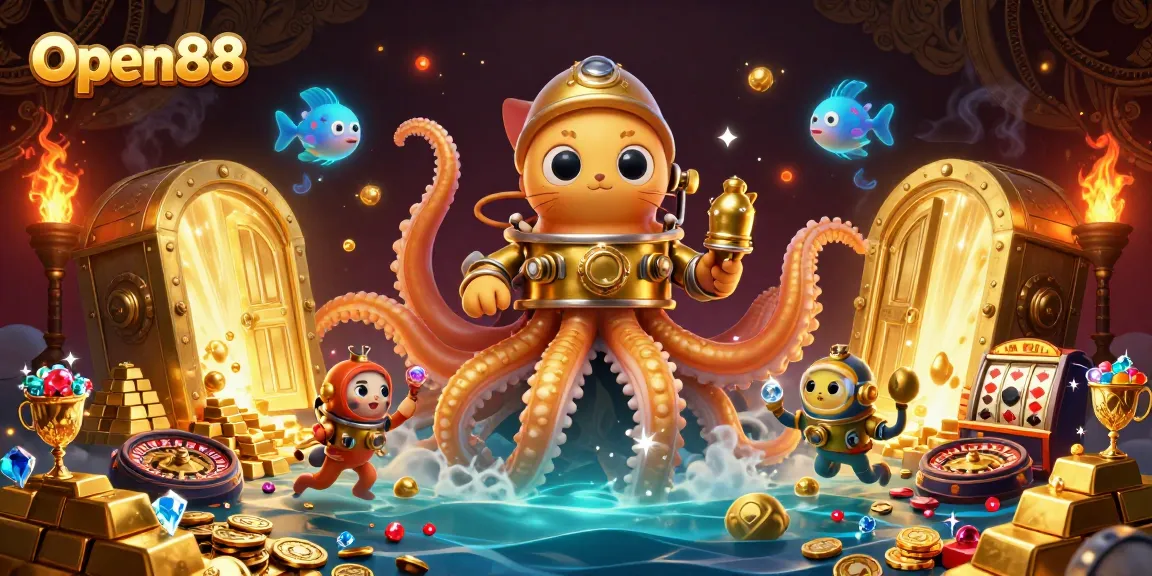 Join Open88 for thrilling moments with a kraken, diving cat, and treasures!