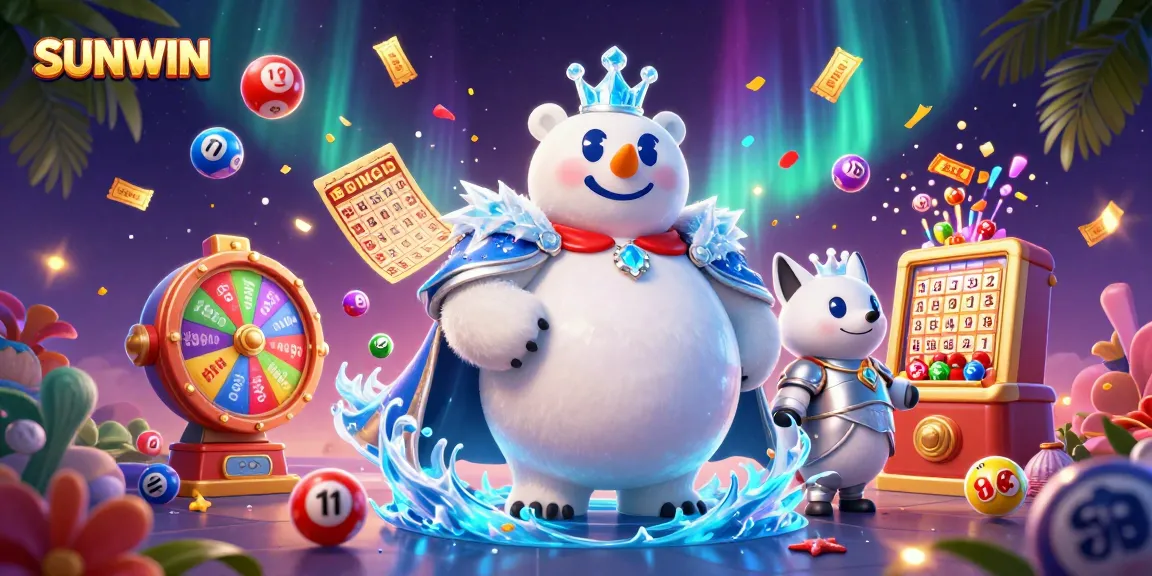 SUNWIN casino experience with a polar bear king and a snow fox amidst vibrant lottery and bingo elements