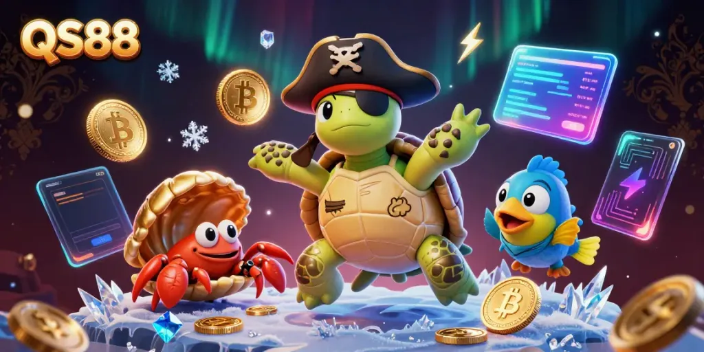 Join QS88's vibrant gaming experience with colorful cartoon characters above treasure in a casino-themed illustration.