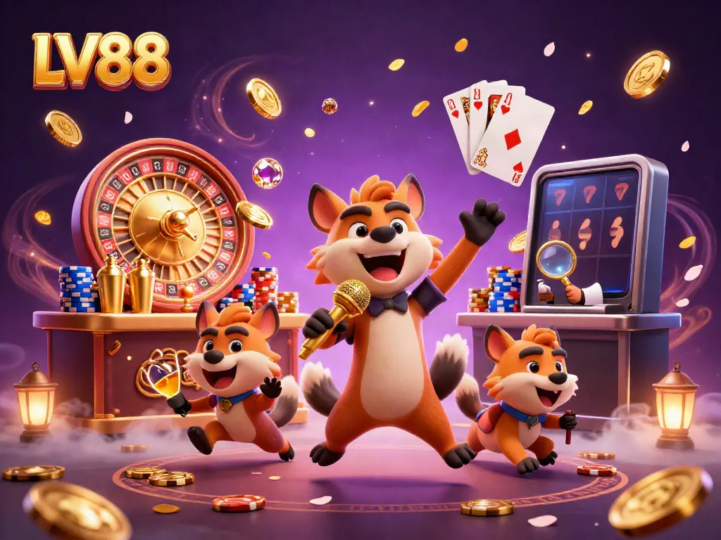 LV88 shows a lively casino scene with hyenas performing, mixing drinks, and checking IDs, surrounded by casino elements.