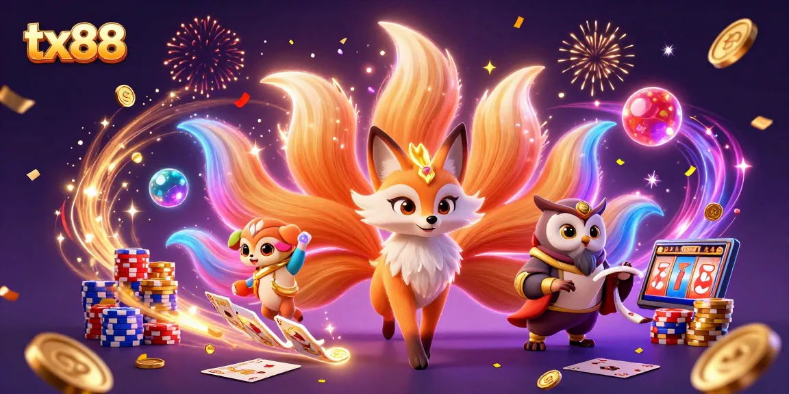 Experience the vibrant tx88 world with a magical nine-tailed fox and owl, celebrating with cascading coins and colorful gems.