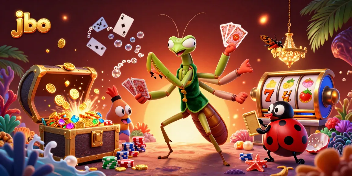 Experience the vibrant jbo casino, where a 3D cartoon mantis dealer shuffles cards amid treasure and excitement.