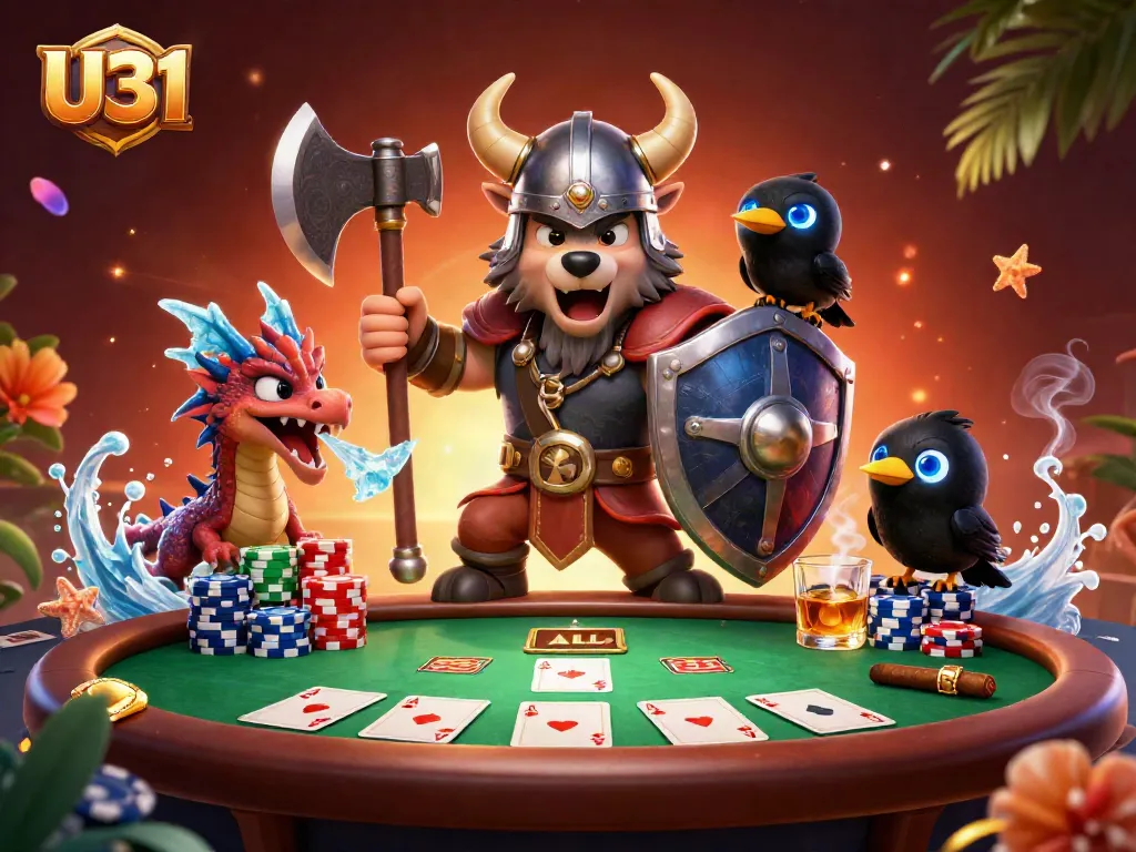 Experience thrilling poker action with U31, featuring epic Viking warriors and vibrant casino elements.