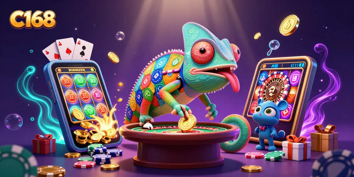 C168's vibrant online casino experience showcases a chameleon owner amidst epic games and golden wins.