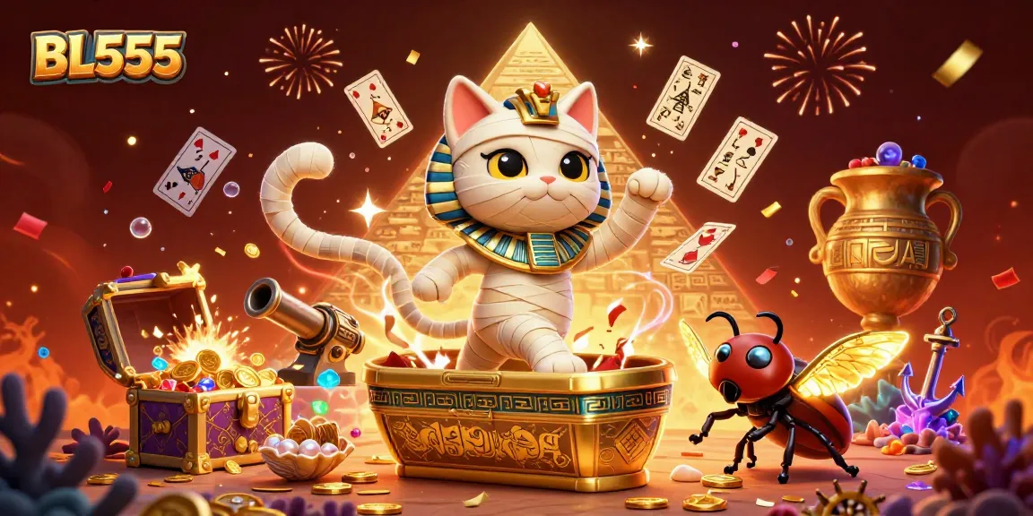 Engage with the thrill of BL555, where a cartoon mummy cat uncovers treasures in an exciting casino scene.
