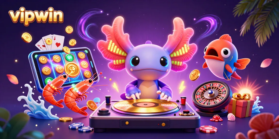 Experience thrilling gaming at vipwin with colorful slot games, coins, and more in a vibrant casino scene.