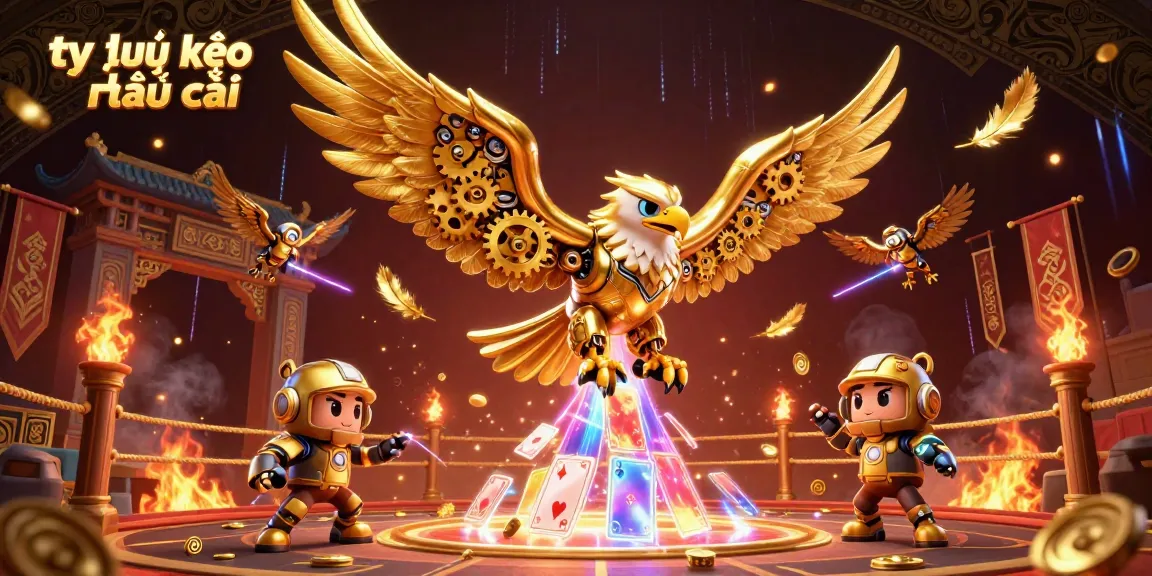 Bet on tỷ lệ kèo nhà cái with a dynamic 3D golden eagle illustration amidst holographic cards and casino elements.
