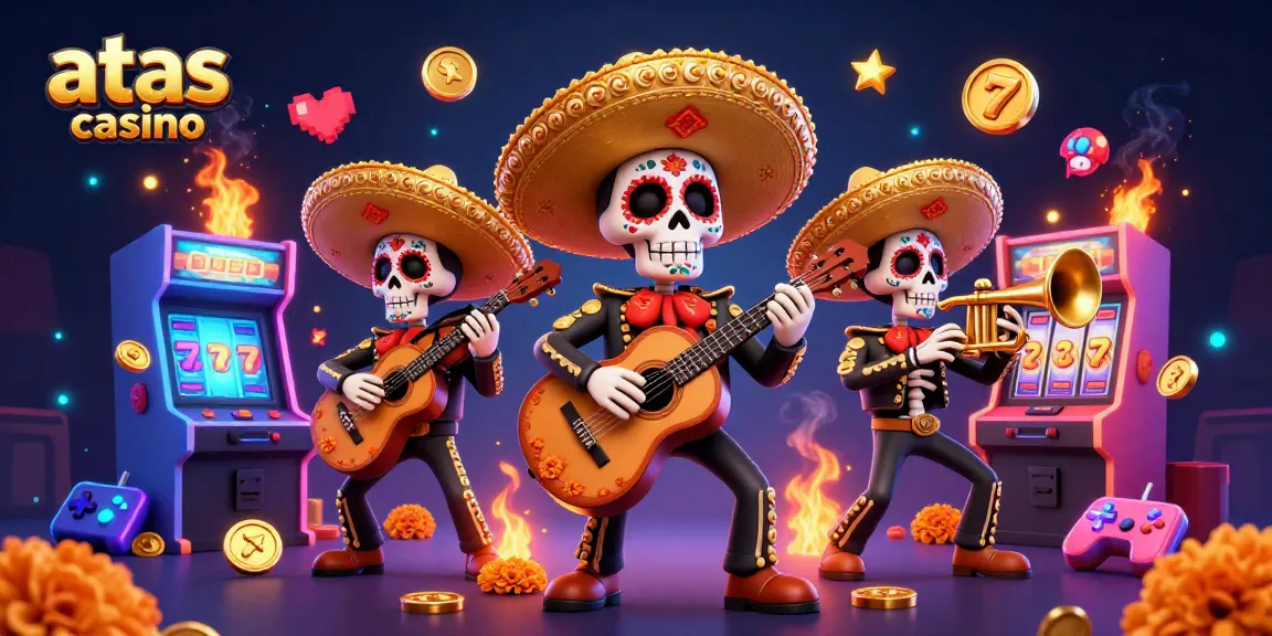 Experience exciting gameplay at atas casino with vibrant 3D illustrations of mariachi characters and arcade games.