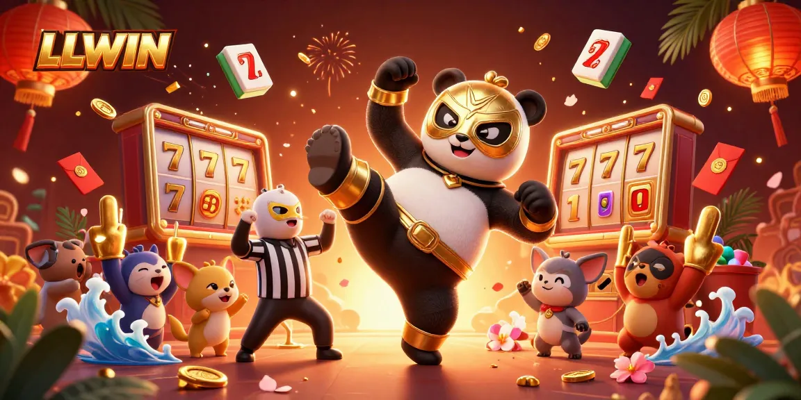 LLWIN enhances excitement with a dynamic 3D scene featuring a wrestling panda and festive gambling elements.