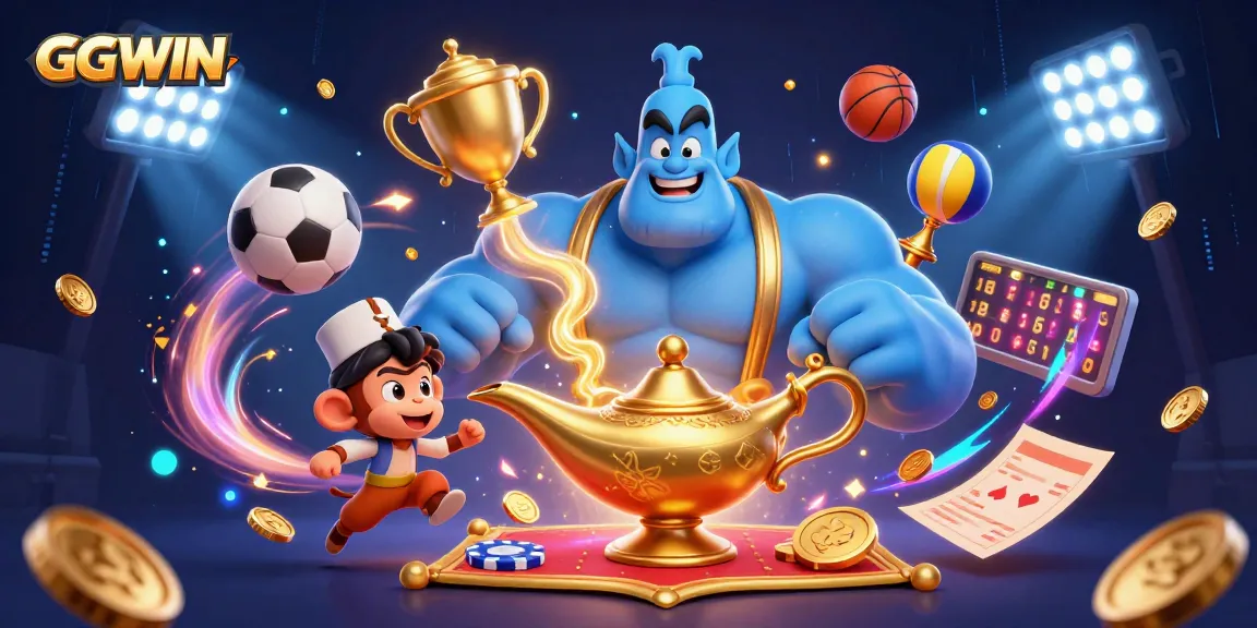 Experience electric gaming excitement with GGWIN's vibrant casino scene featuring a genie, poker chips, and dynamic sports elements.