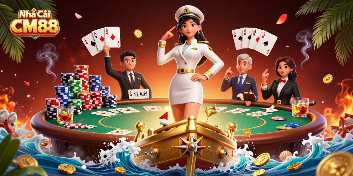 Engage with Nhà Cái CM88 at a vibrant casino scene featuring dynamic poker elements and an Asian naval officer.