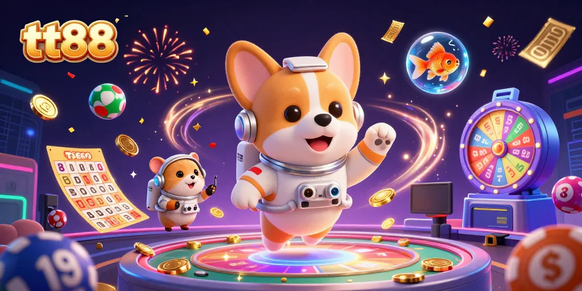 Explore tt88's vibrant atmosphere with a floating corgi, lottery balls, and casino excitement.