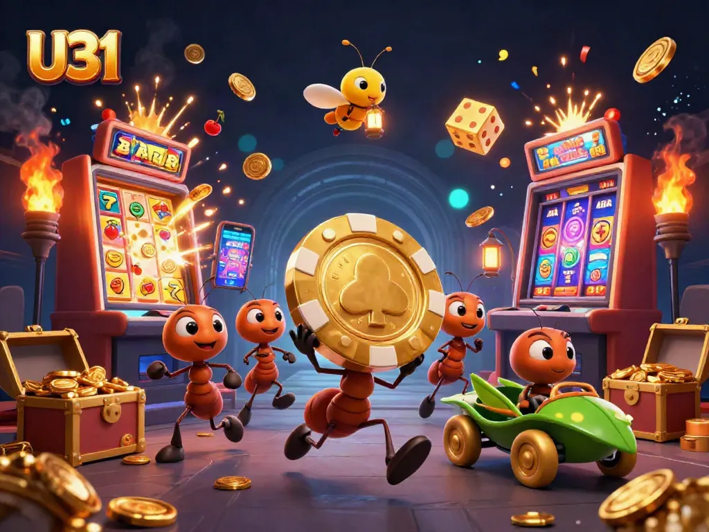 U31 team of ants running a heist with a golden poker chip, surrounded by jackpot slots and casino games.