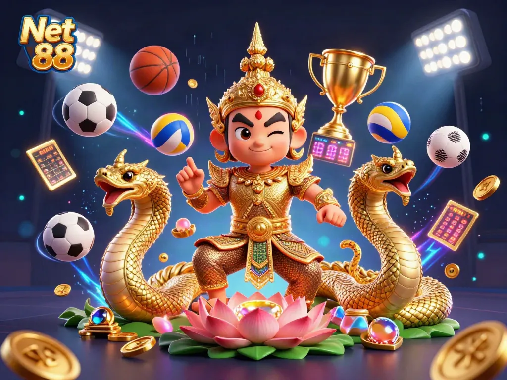 Experience thrilling sports betting with Net 88, featuring dynamic 3D guardians, sports elements, and vibrant casino excitement.