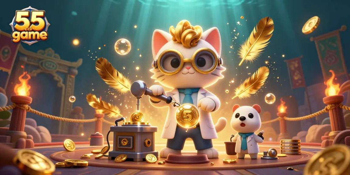 Unleash thrill with 55 club game, featuring a mad scientist cat and dog in a dynamic casino scene.