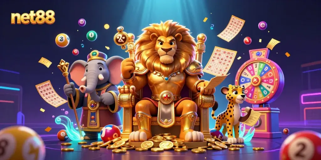 Engage with net88's vibrant gaming scene featuring a lion king, elephant advisor, and cheetah messenger.