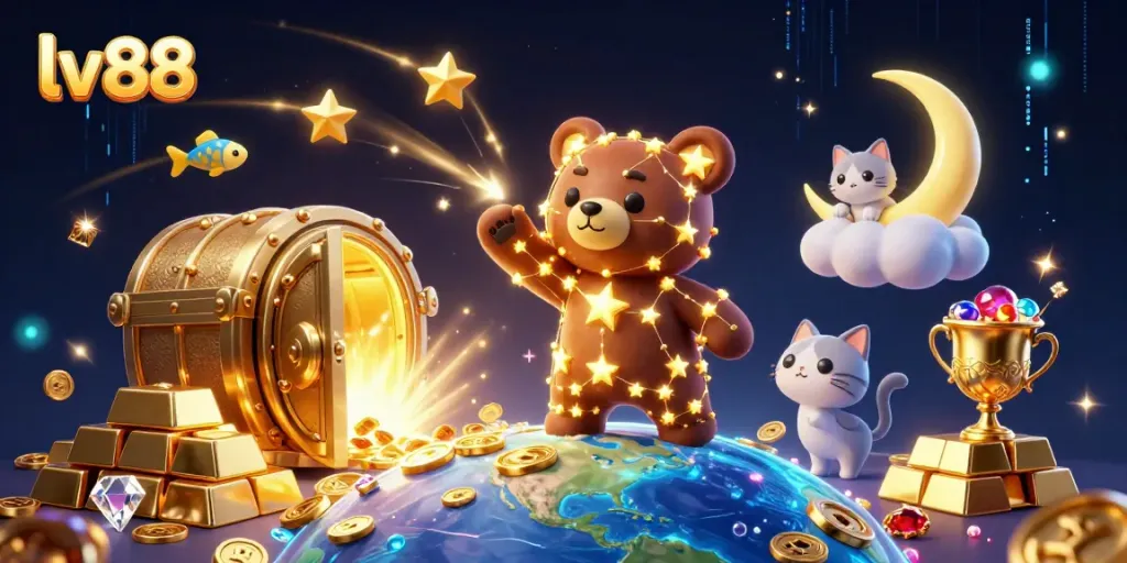 Experience the exciting world of LV88 with a golden star bear scooping coins and shimmering treasures.
