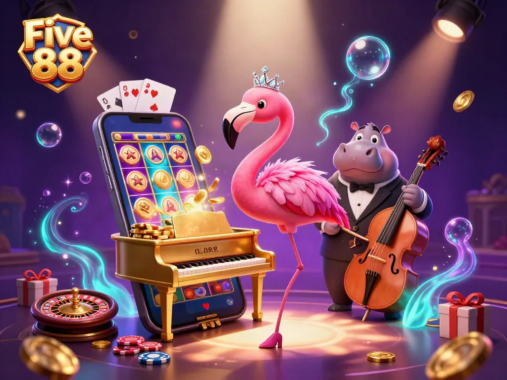 Experience thrilling gaming at Five 88 with vibrant characters and dynamic casino elements.