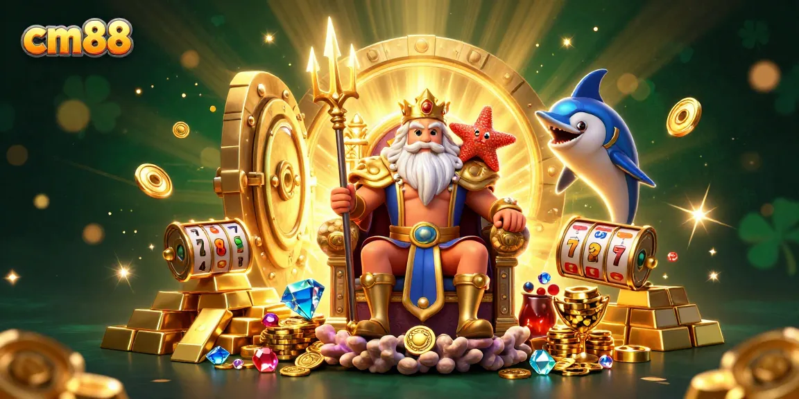 Experience cm88's casino adventure with sea king Neptune and treasure elements in a vibrant scene.