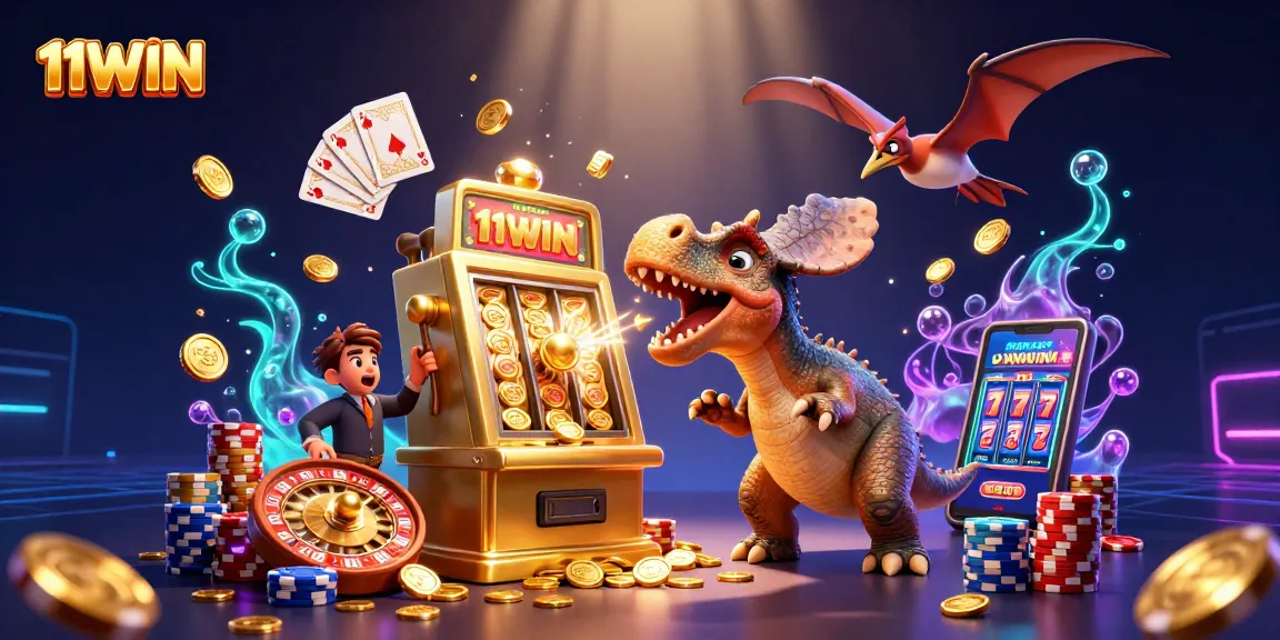 Experience 11WIN excitement with cartoon dinosaurs in a vibrant casino jackpot scene