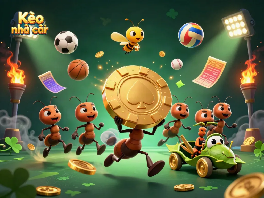 Experience the excitement of Kèo nhà cái with a heist scene featuring ants, sports elements, and dynamic betting visuals.