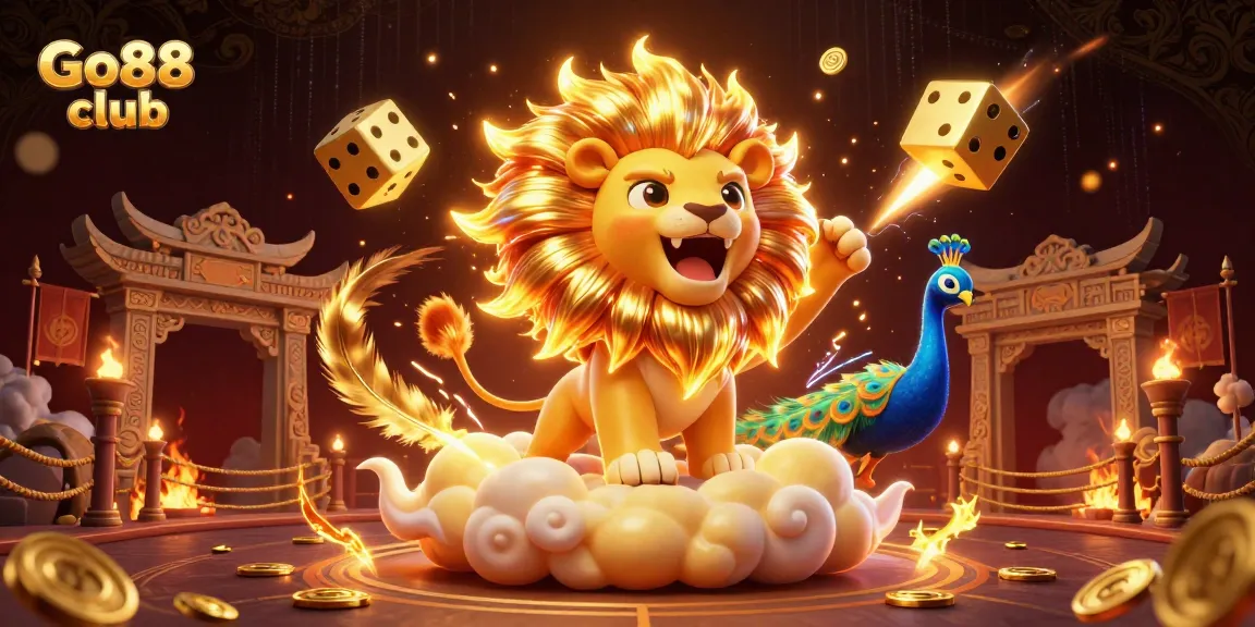 Experience thrilling adventures at Go88 club with a roaring lion, golden dice, and vibrant casino elements.