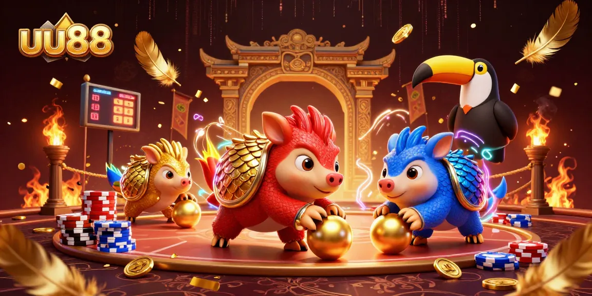 uu88 pangolins competing in a dynamic casino game scene with colorful chips and artful decor