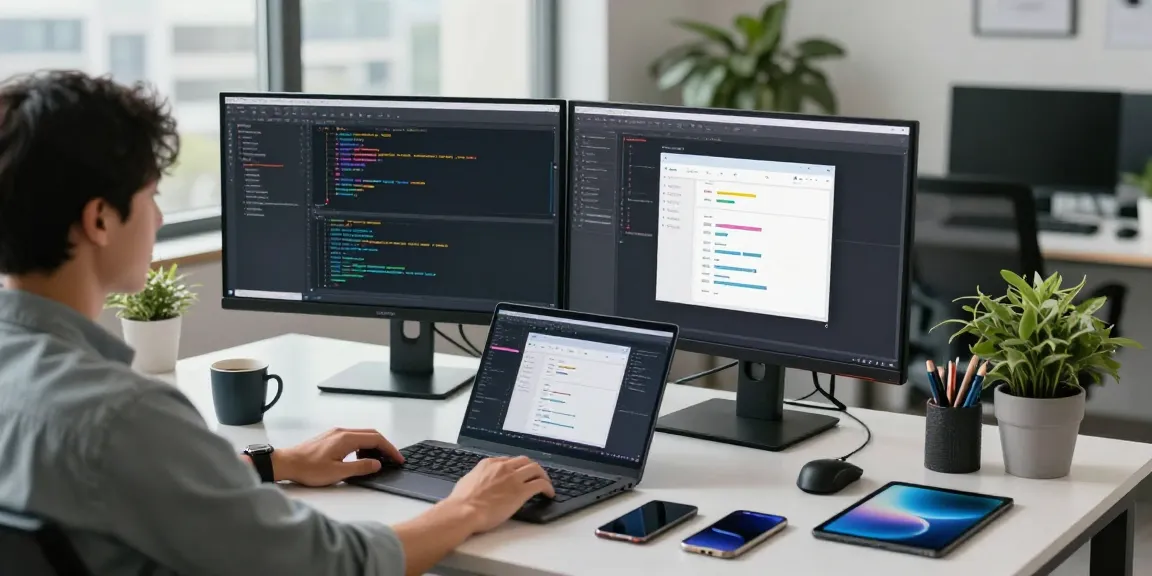 Tech workspace with a developer coding and using design software while preparing for WhatsApp下載.