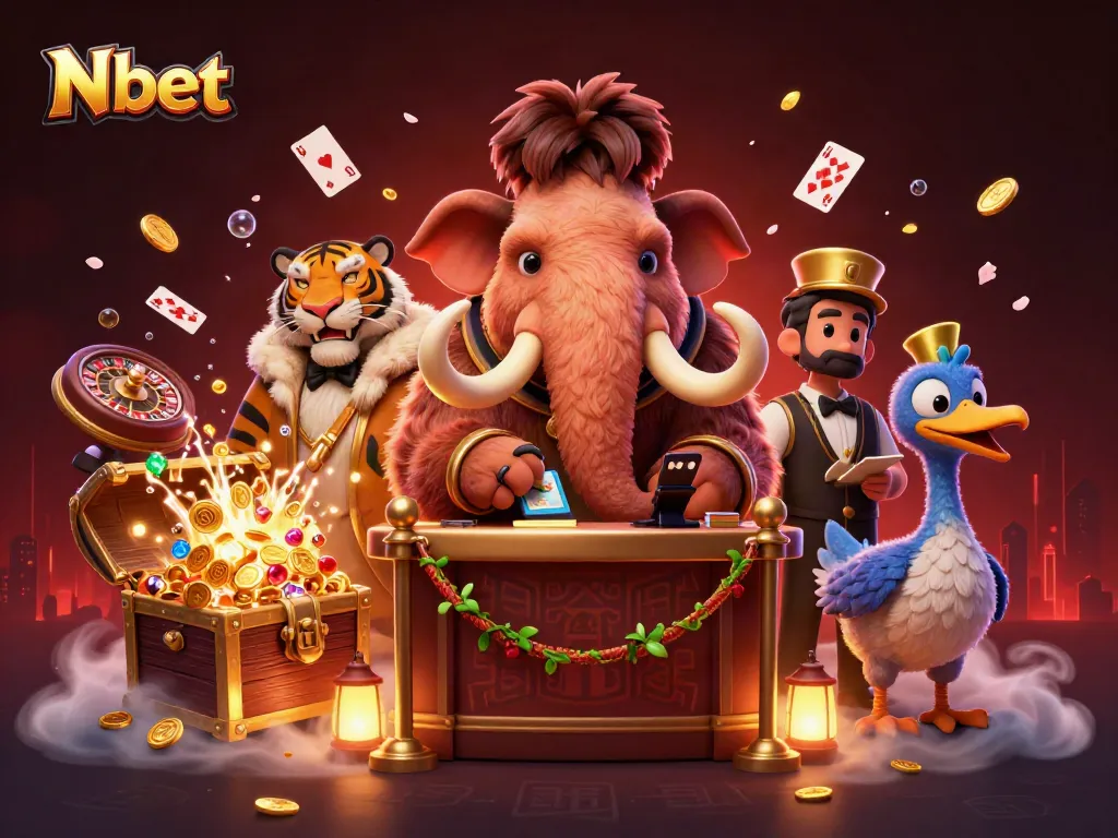 N bet showcases a lively casino scene with unique cartoon characters, highlighting exciting gaming elements.