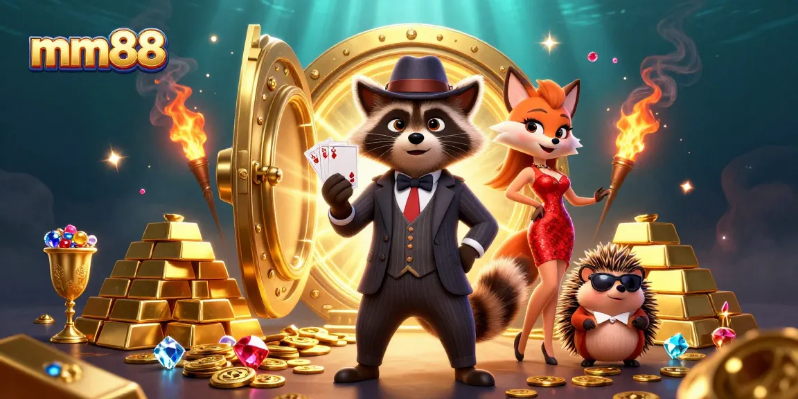 Play with mm88 to win big, featuring a fun casino scene with a suave raccoon, fox, and hedgehog.