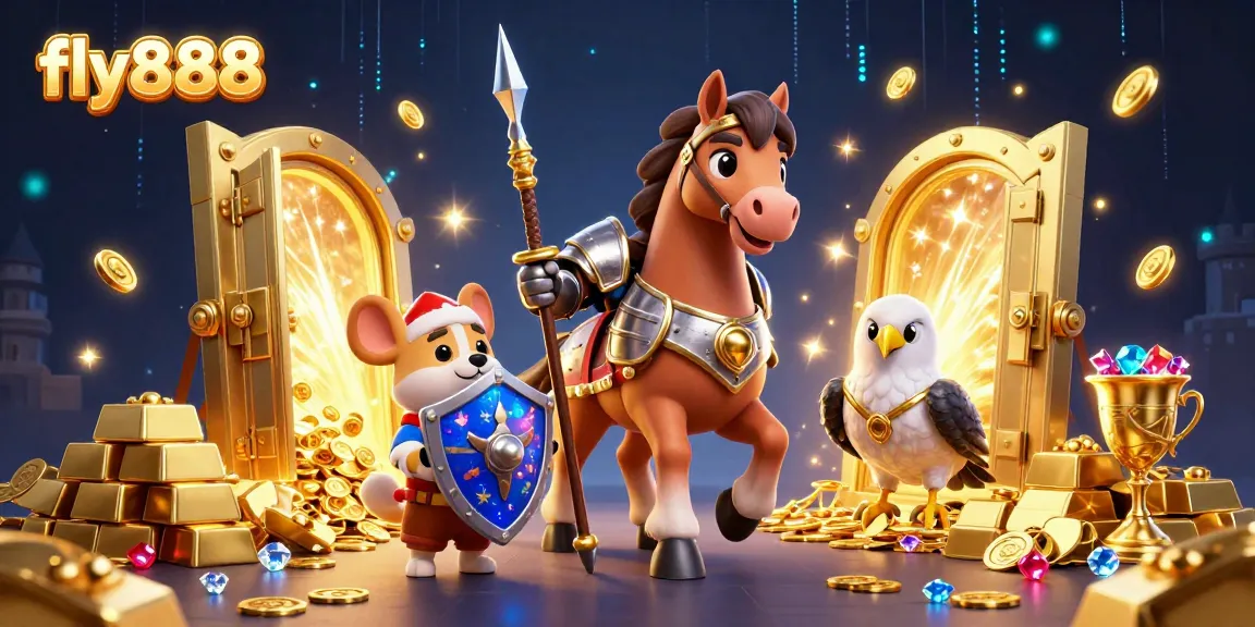 Engage in thrilling gameplay at fly888 with a 3D knight, squire, and falcon amidst golden treasures.