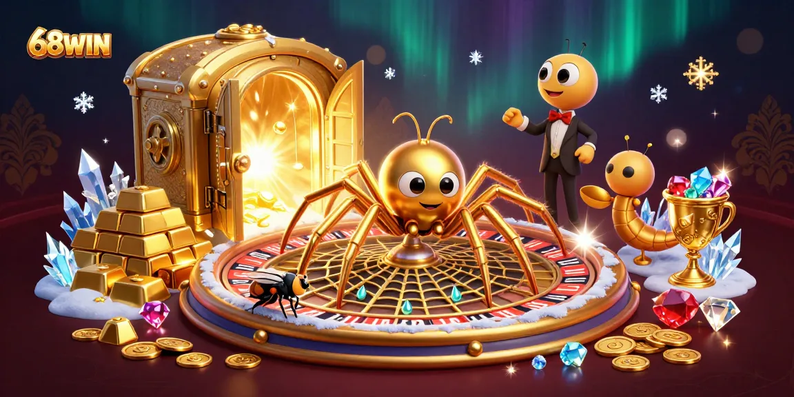 Engage with 68WIN's thrilling 3D casino adventure featuring an animated roulette web of excitement.