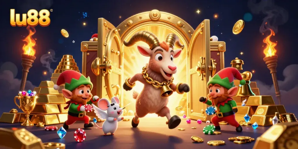 Experience thrilling gameplay at LU88 with festive casino characters in a vibrant, magical scene.
