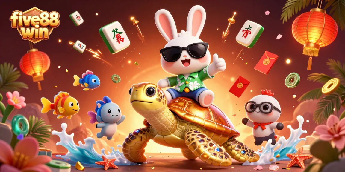 Experience five88 win with an adorable lucky rabbit and golden sea turtle amidst a vibrant casino celebration.