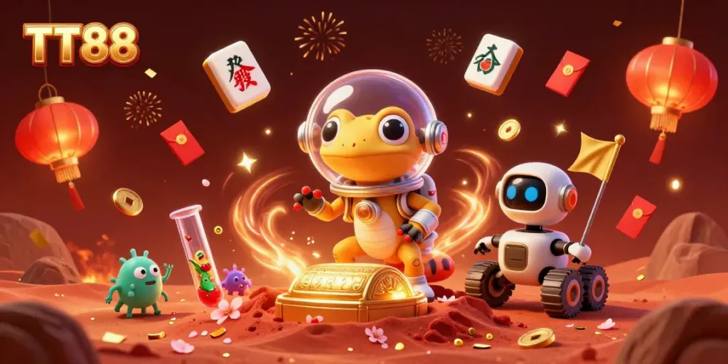 Experience the TT88 gaming world with a Martian gecko exploring a golden casino surrounded by celebrations.