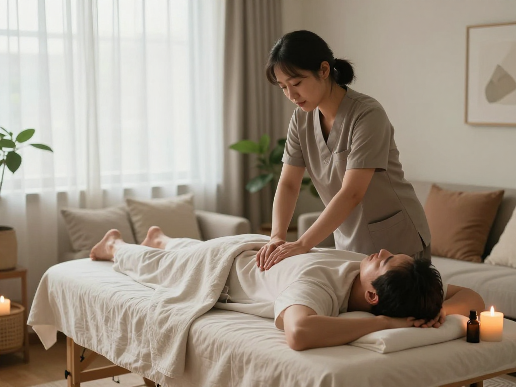 Professional home massage session showcasing 성남출장안마 in a serene setting with calming decor and natural light.