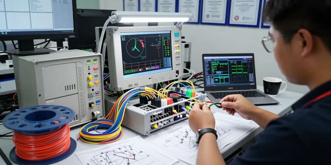 Technician assembling optical cables in a modern telecommunications lab, surrounded by tools and data metrics.